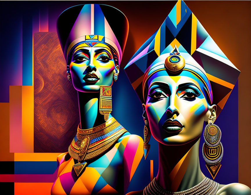 Vibrant digital art featuring Egyptian royalty figures on geometric backdrop