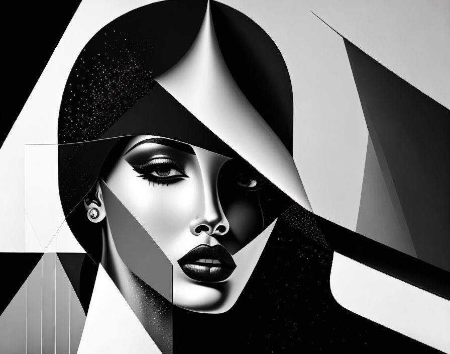 Monochrome abstract art: woman's face with geometric shapes & shading