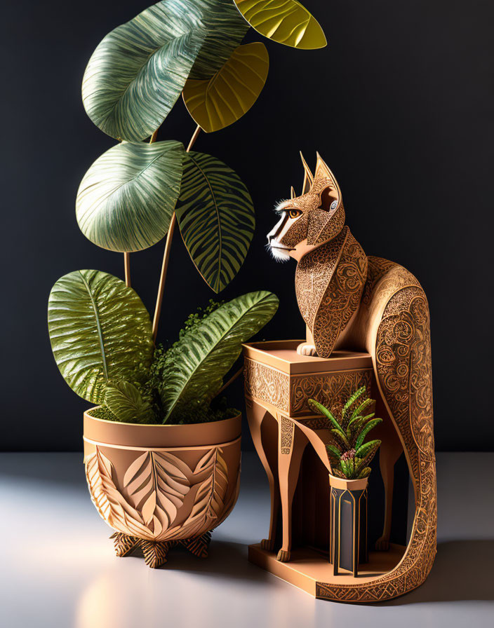 Metallic Sitting Fox Sculpture with Potted Plant on Dark Background