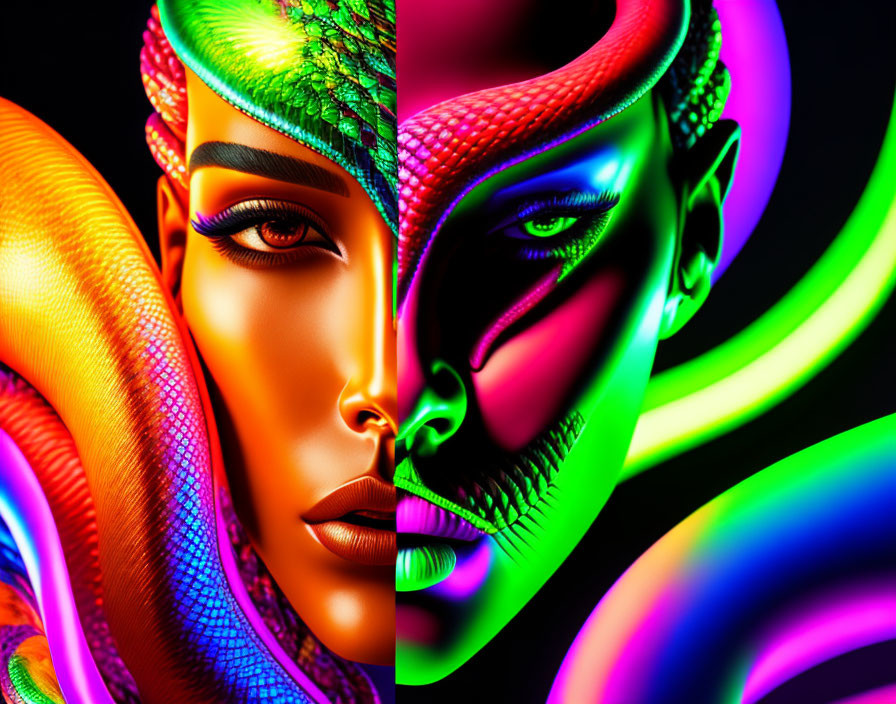 Colorful digital artwork: stylized faces with rainbow skin and futuristic design