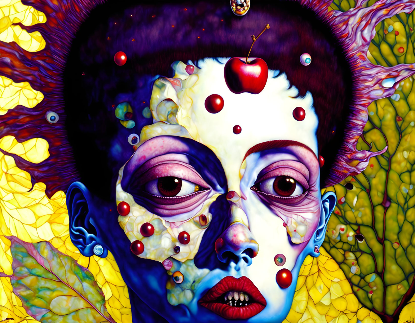 Colorful surreal portrait featuring blue skin, purple lips, and vibrant orbs on face.