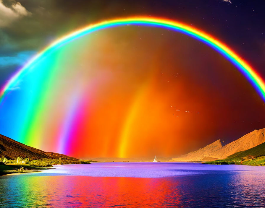 Vivid rainbow over tranquil lake with sailboat, mountains, and twilight sky