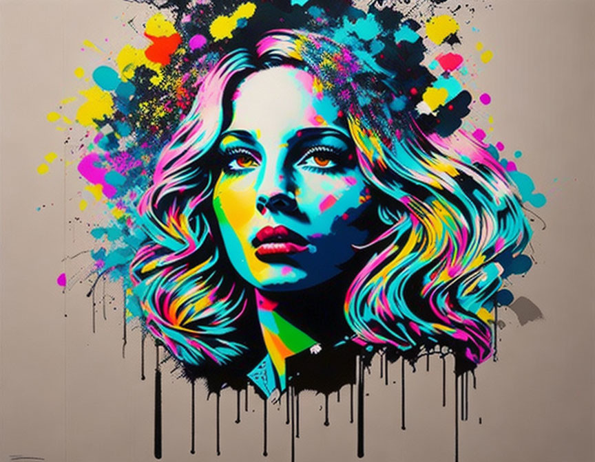 Colorful street art style portrait of a woman with paint splashes, blending realism and urban art.