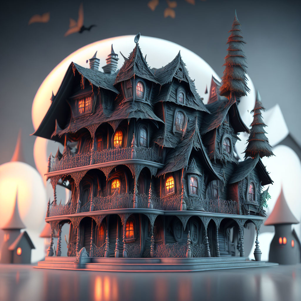 Detailed Gothic-style haunted house digital illustration with balconies, levels, creepy tree, bats, dusk sky