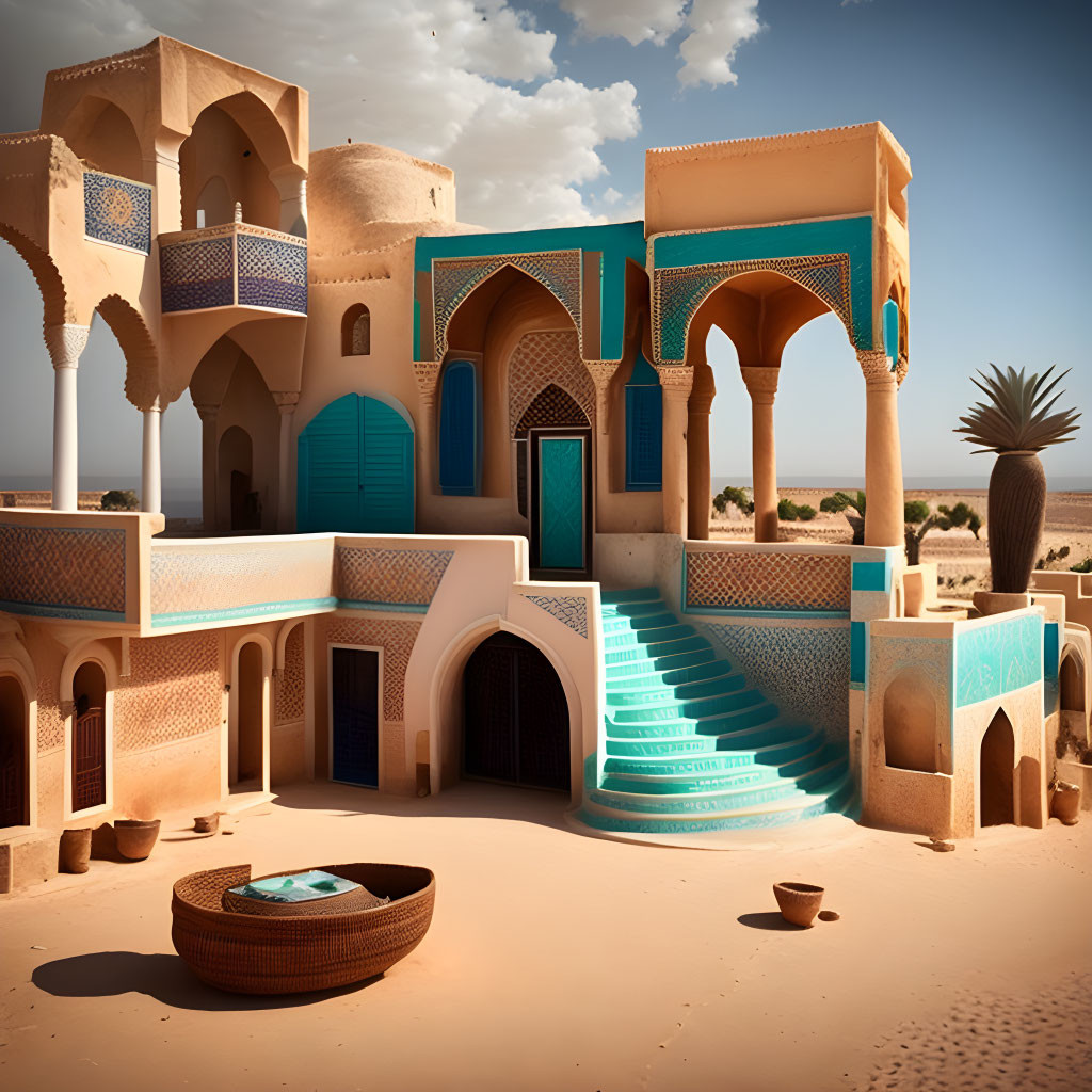 Desert architecture with blue details, arched doorways, and staircase