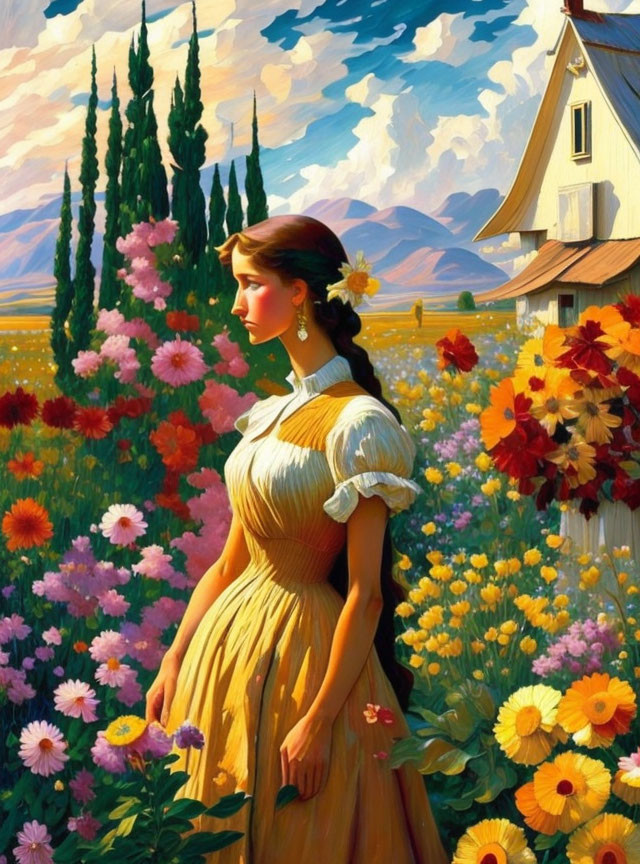 Woman in yellow dress surrounded by flowers, farmhouse, and cypress trees under cloudy sky.