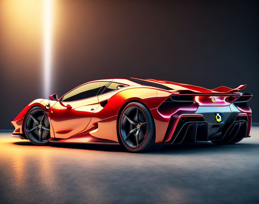 Red Sports Car with Black Wheels in Dramatic Light on Gradient Background