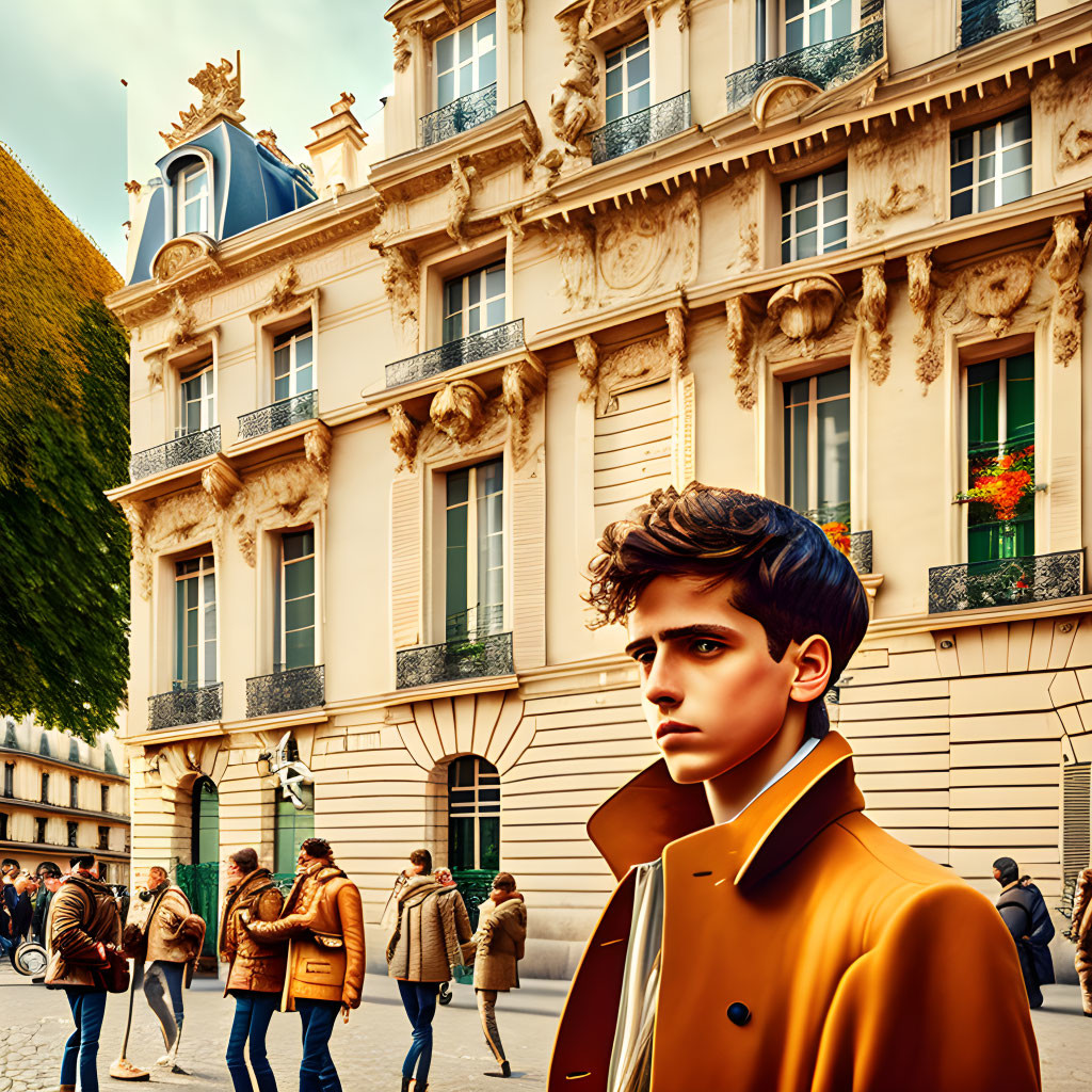 Young man in tan coat on busy Paris street with classical architecture