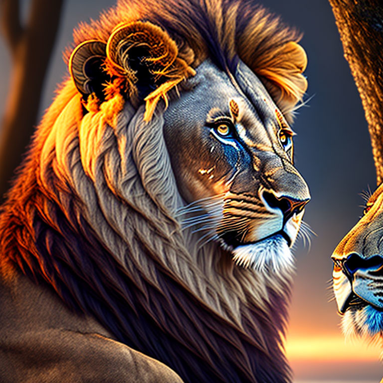 Detailed Mane Lion Artwork on Sunset Background