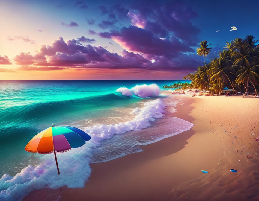 Tropical beach sunset with purple and orange skies