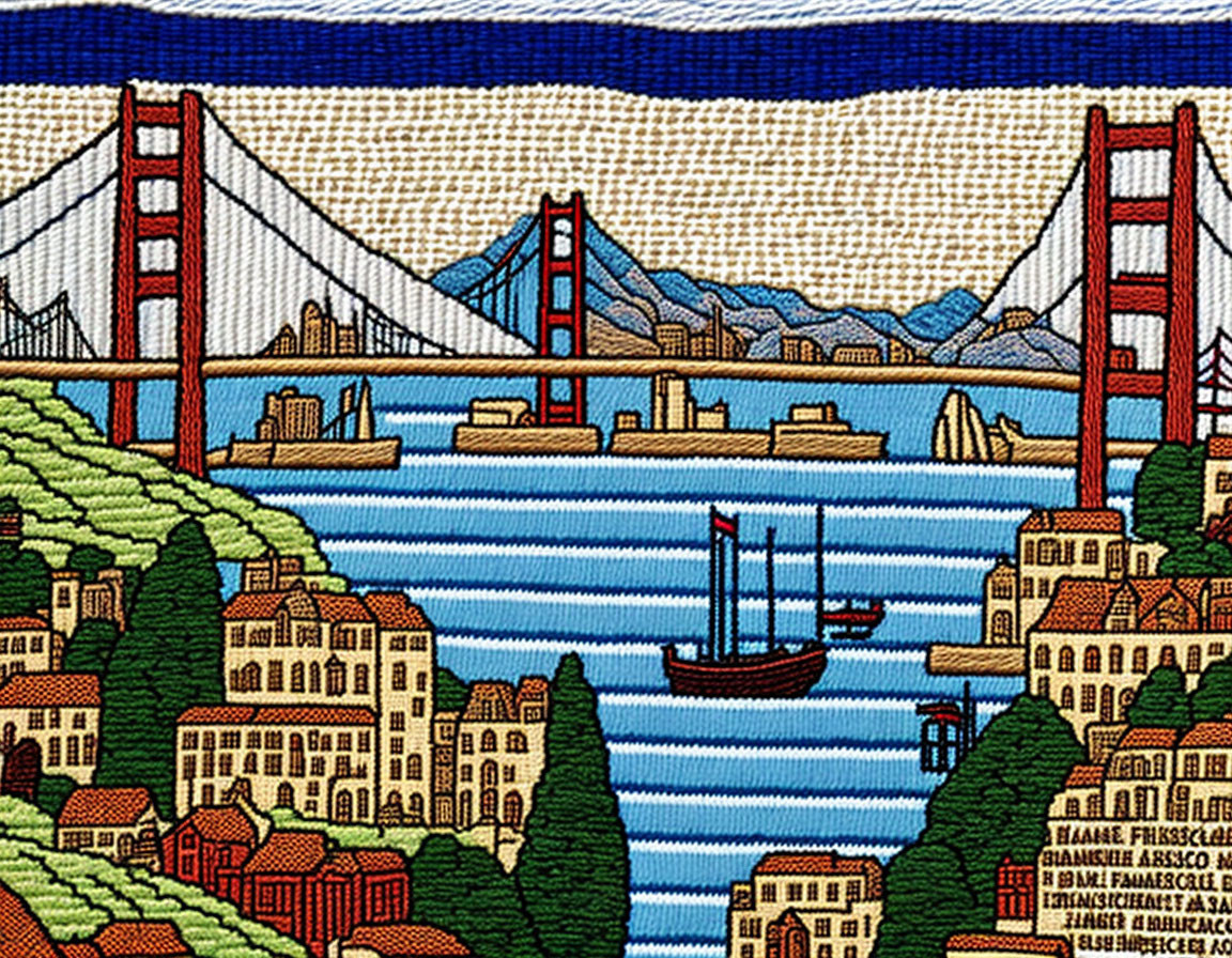 Vibrant Golden Gate Bridge embroidery with ocean, sailboat, and buildings