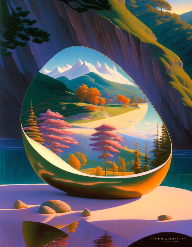 Surreal painting of landscape in tear-shaped mirror with pink trees, mountains, river, clear sky