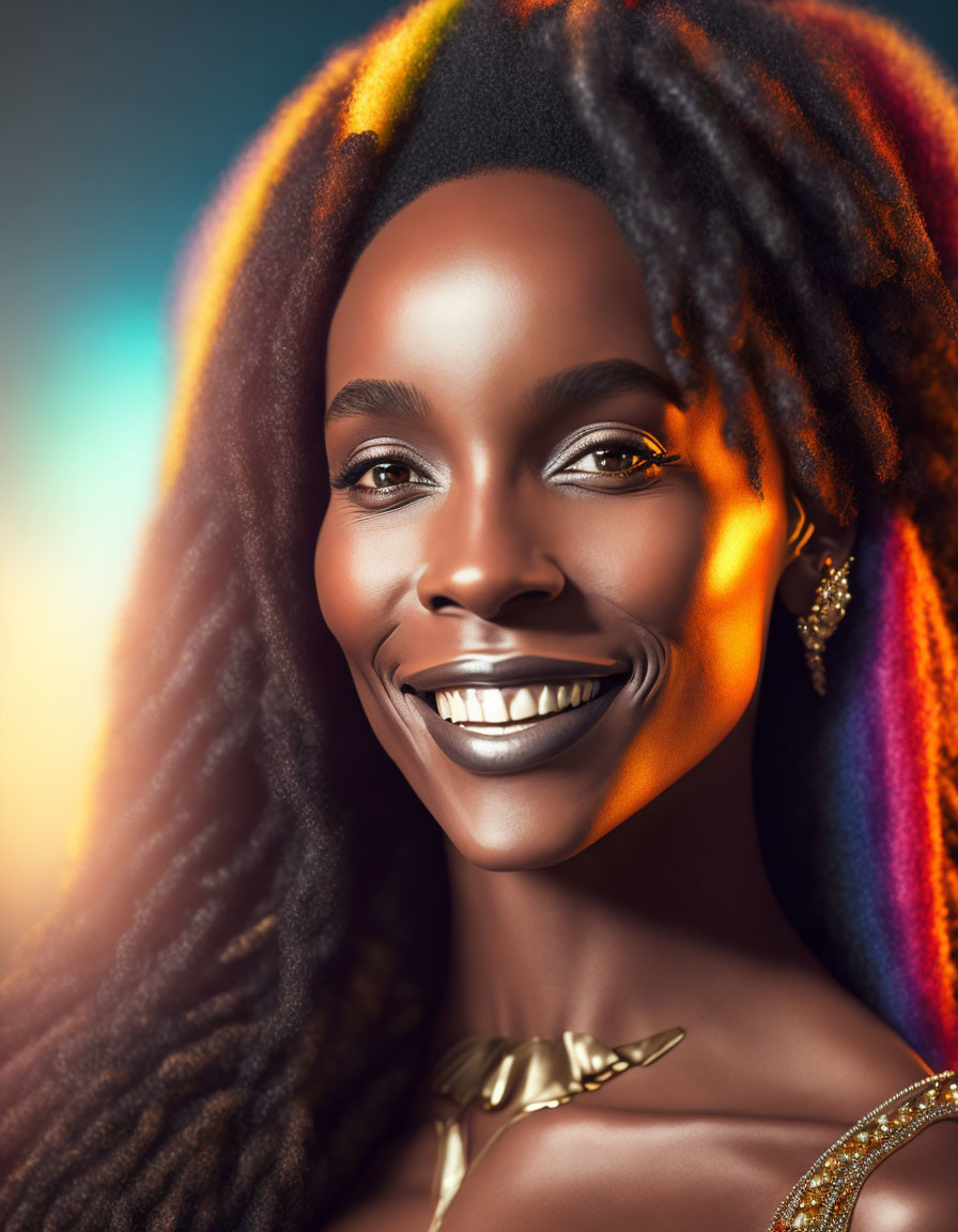 Colorful digital illustration of a smiling woman with dreadlocks and golden jewelry in warm glowing light