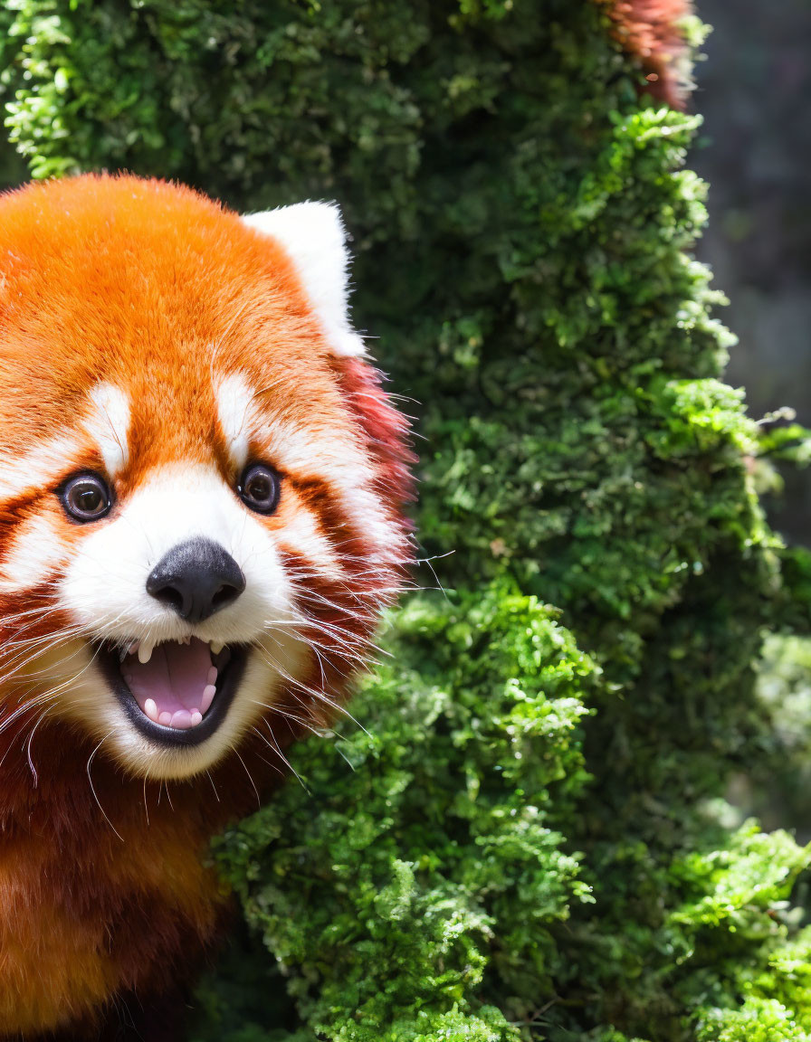 Fluffy red panda against moss-covered trees