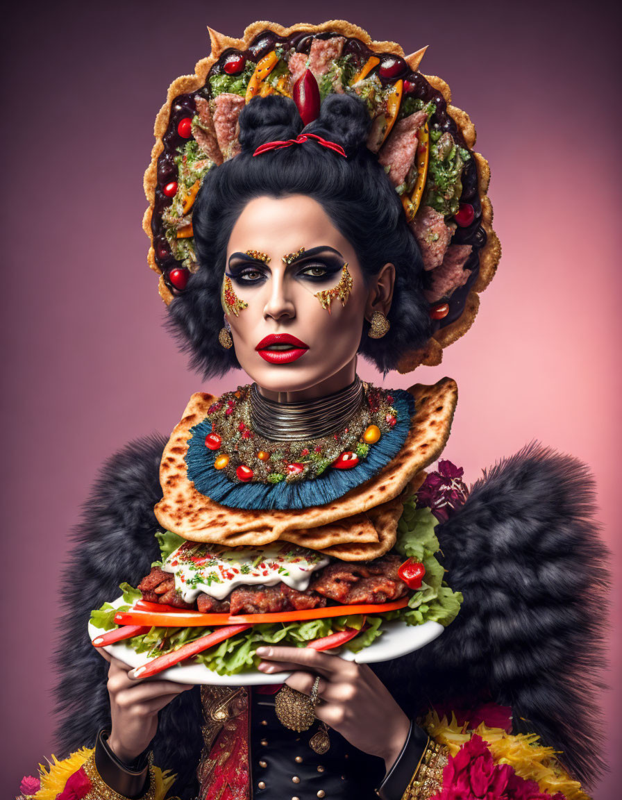 Person with Taco-Inspired Hairstyle Holding Plate of Flatbread & Vegetables