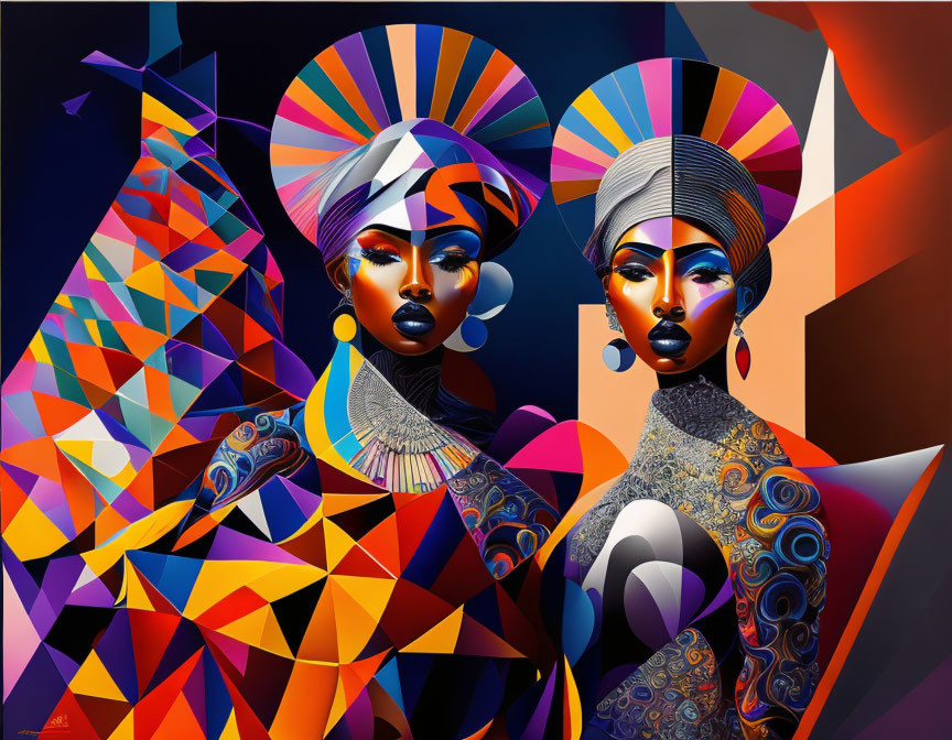 Colorful Geometric Figures of Fashionable Women with Head Wraps