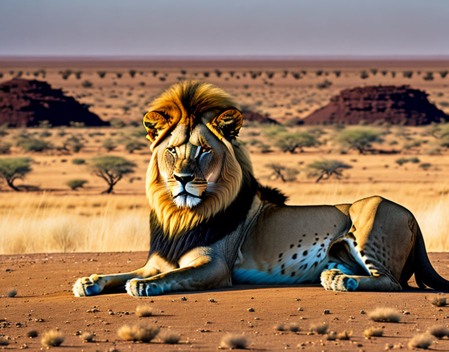 Majestic lion with full mane resting in desert landscape