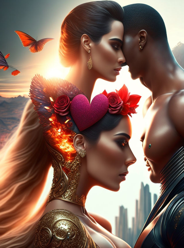 Stylized figures with elaborate hairstyles against sunset backdrop.