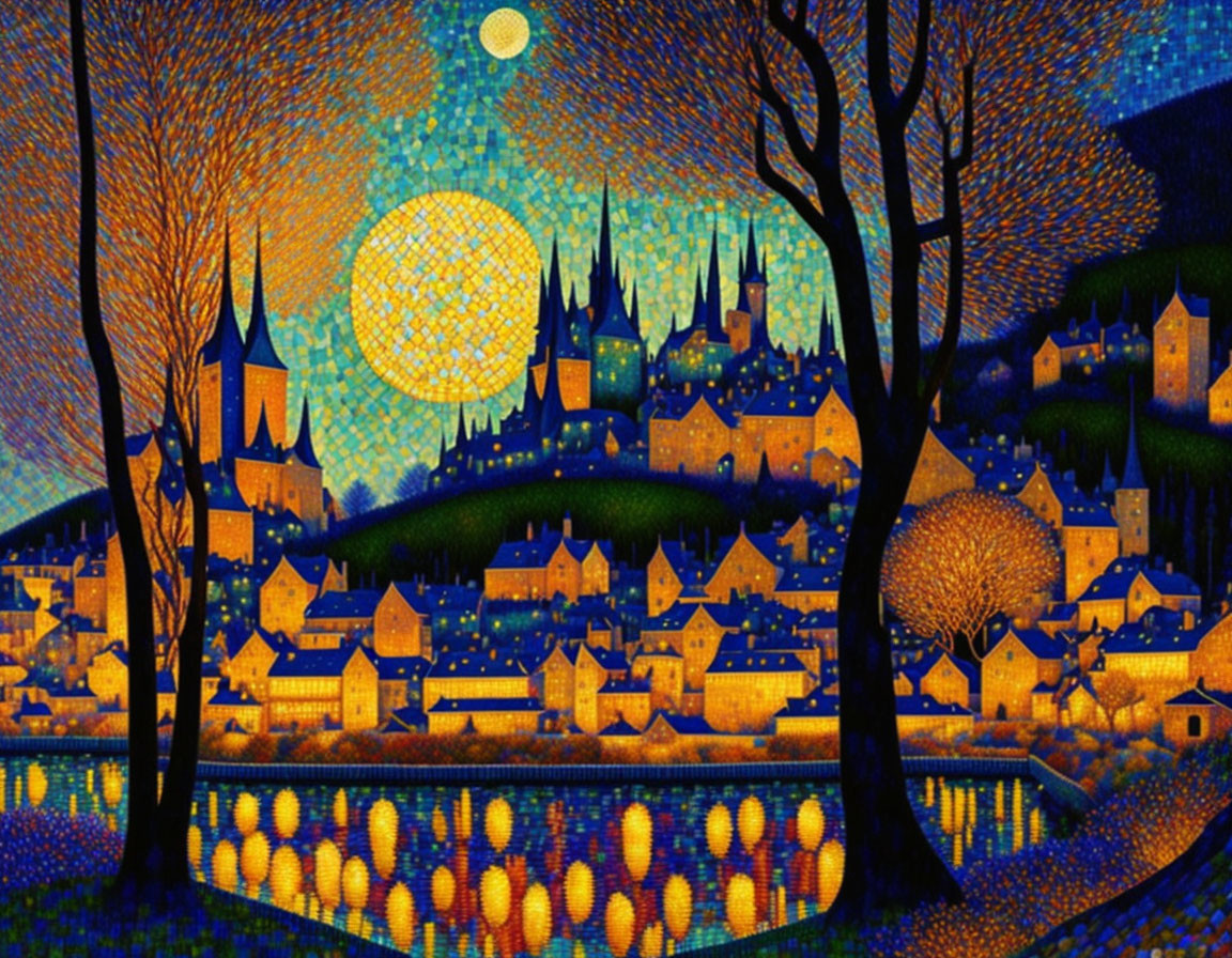 Vibrant nocturnal landscape painting with glowing river reflections and yellow moon.