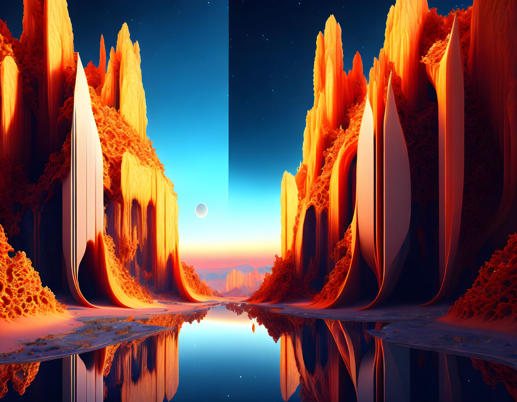 Digital art landscape: Orange cliffs, waterway, starry sky, intricate foliage.