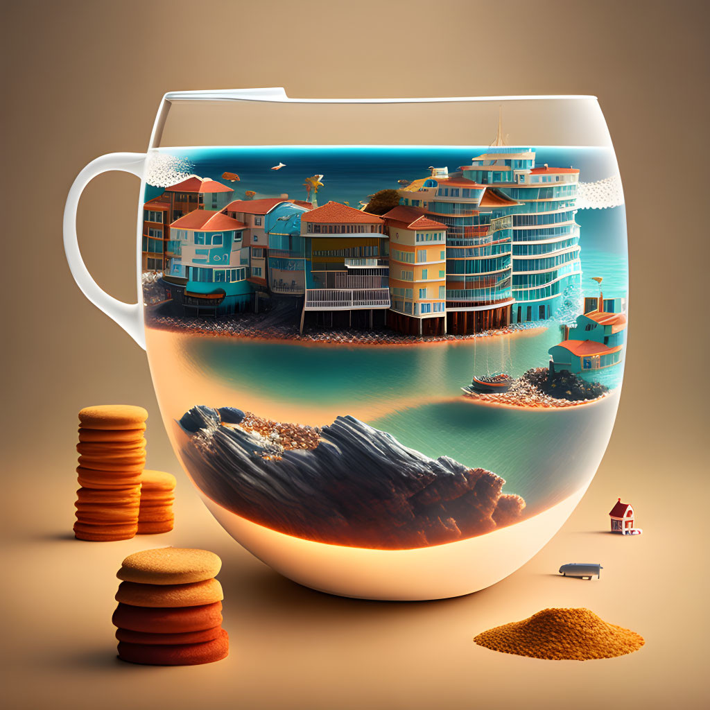 Transparent cup with coastal town scene and cookies display