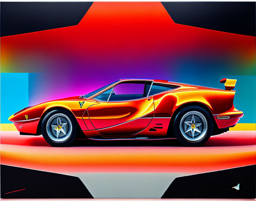 Vibrant Red and Yellow Ferrari Illustration on Colorful Abstract Background