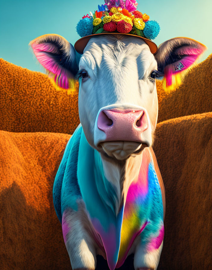 Colorful whimsical cow with floral hat on rainbow body against golden brown background