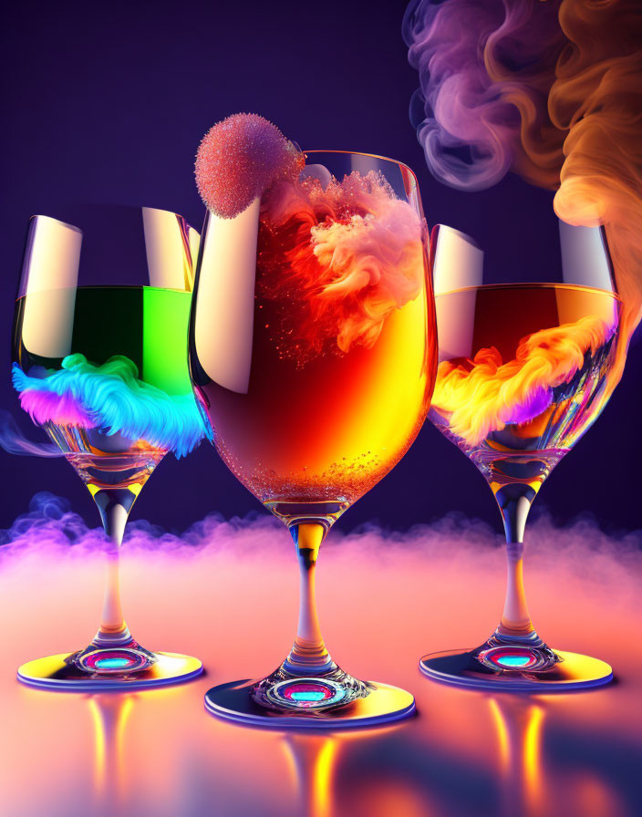 Colorful artistic glasses with whimsical smoke and liquid effects on purple backdrop