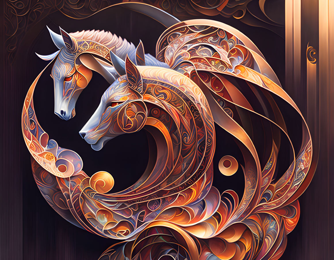 Ornate digital art: Two stylized horses intertwined, warm colors, intricate patterns, dark background