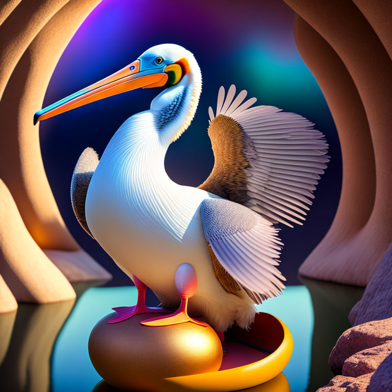 Colorful digital art: Pelican with orange beak on rubber ring, abstract shapes, blue-purple