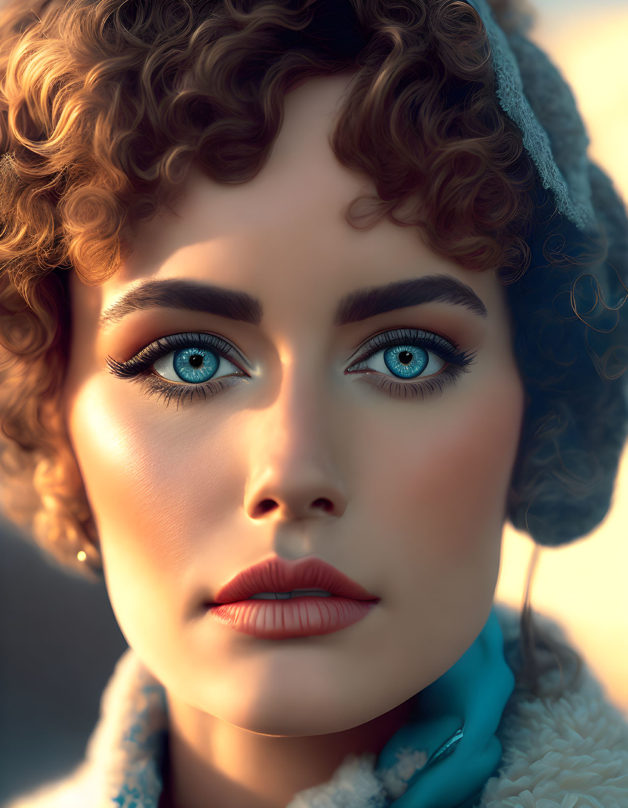 Close-Up Portrait of Woman with Curly Hair and Striking Blue Eyes