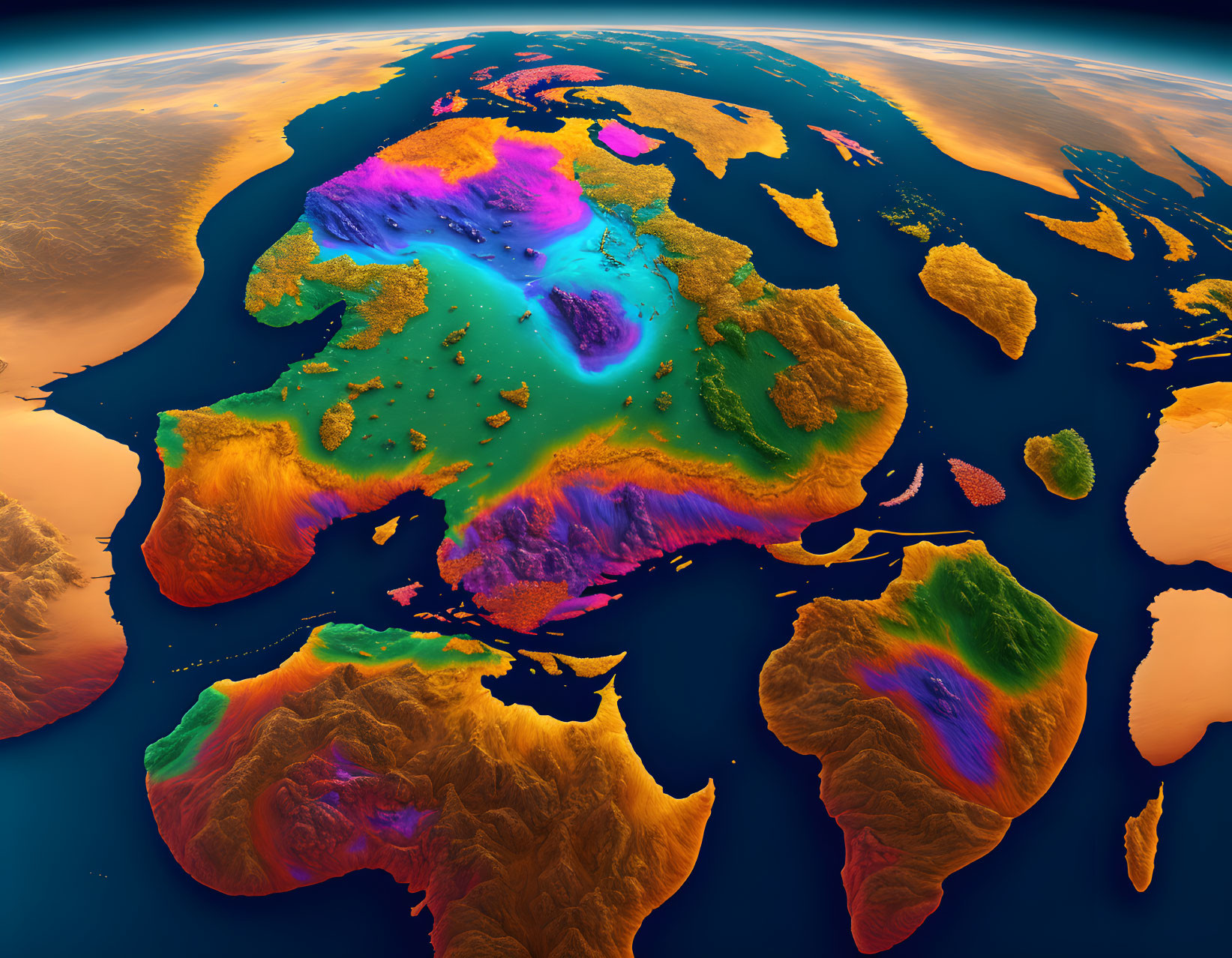 Color-enhanced satellite image: Earth's topography and bathymetry of Europe, Africa, and