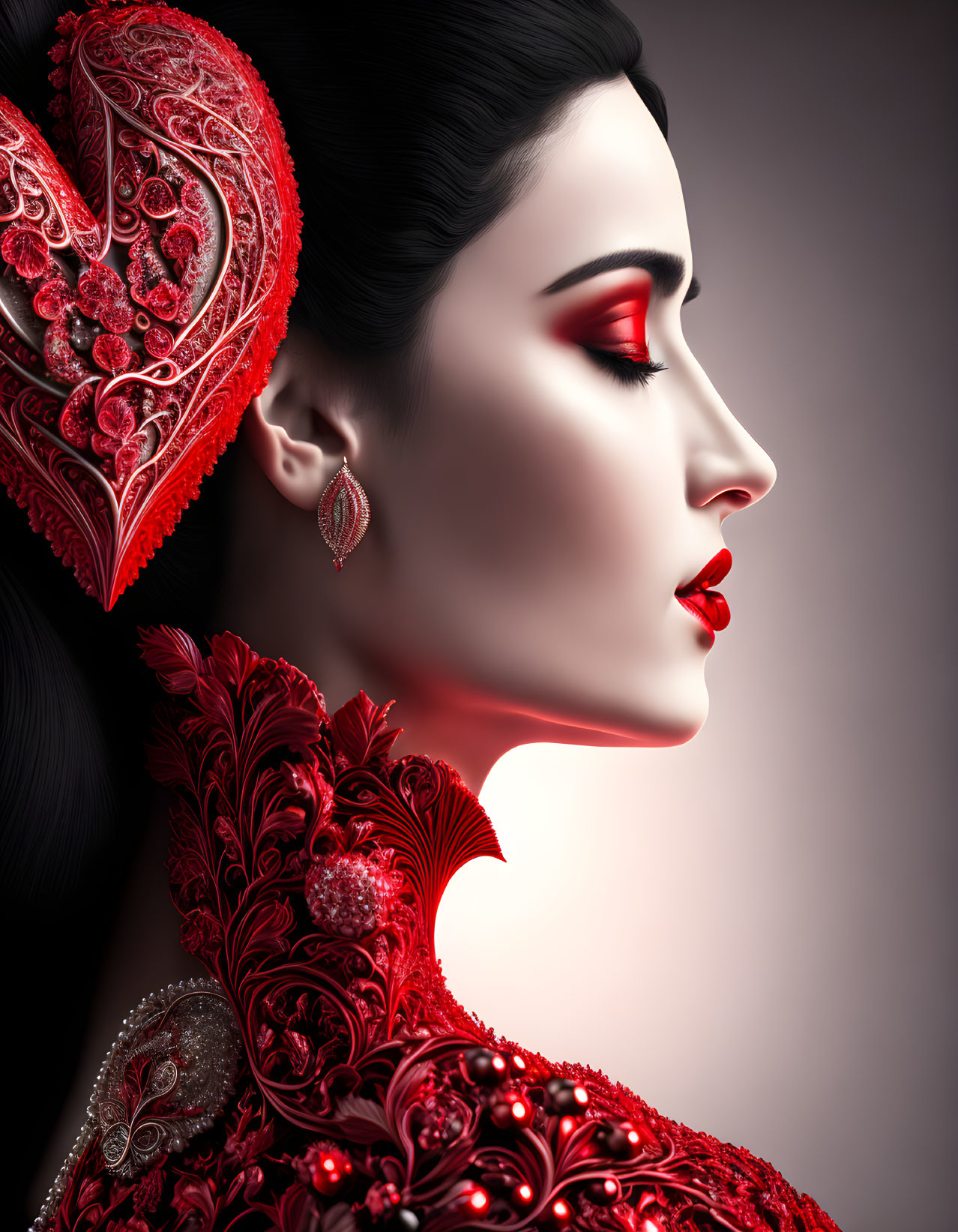 Profile of Woman in Vibrant Red Makeup and Ornate Attire on Grey Background