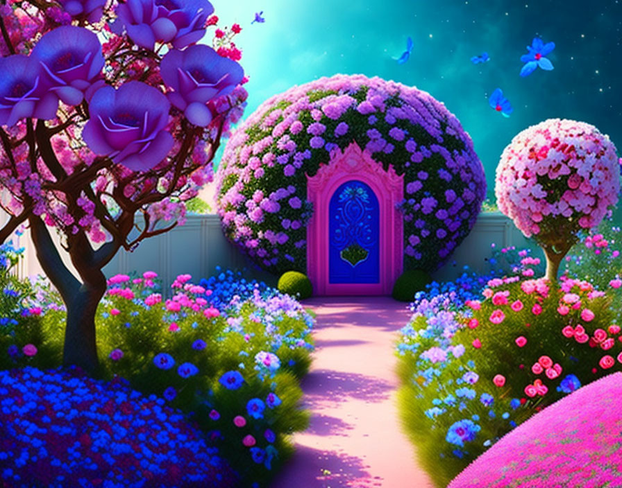 Fantasy garden with colorful trees, path, door, and butterflies at twilight