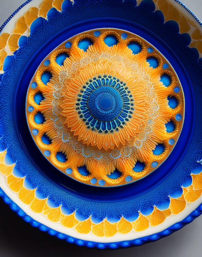 Colorful Ceramic Plate with Blue and Yellow Mandala Design on White Surface