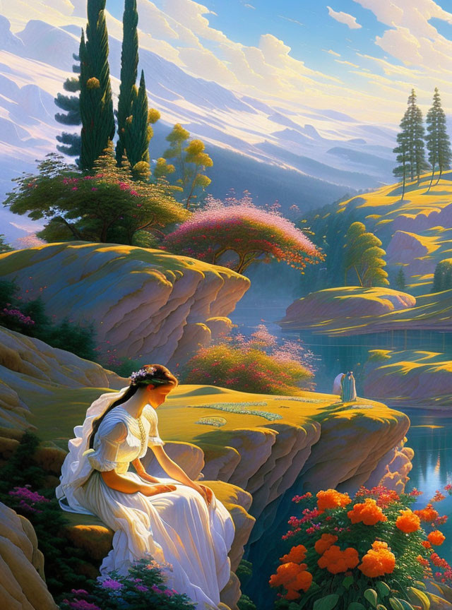 Tranquil woman in white dress by river and mountains