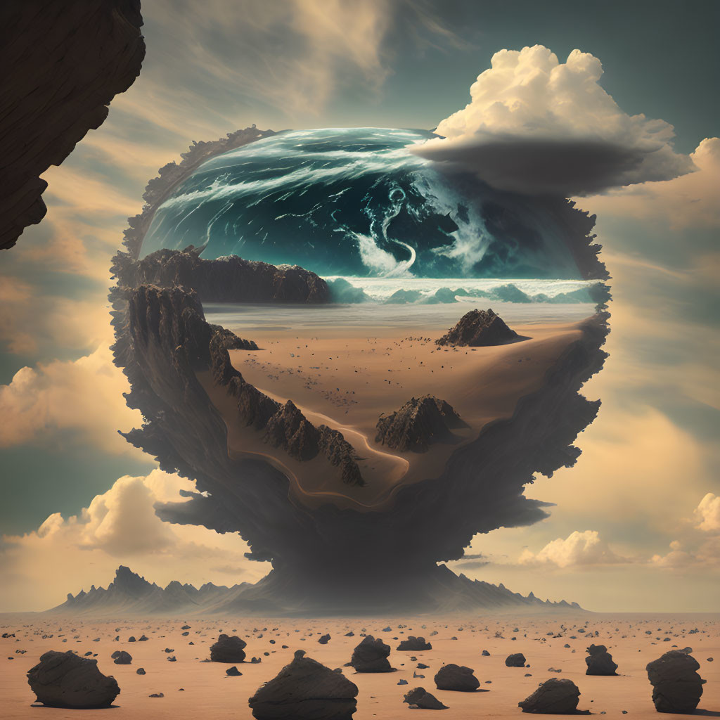 Gigantic inverted planet hovers over surreal landscape