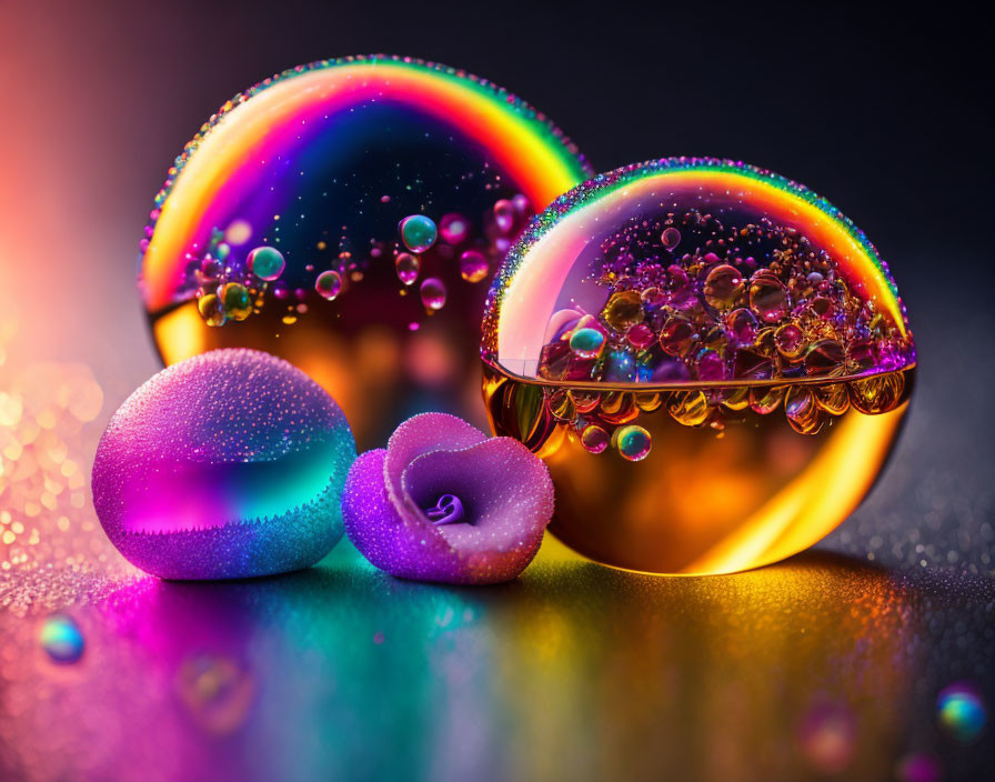 Colorful bubbles, water droplets, purple flower-like item, and vibrant reflections on gradient surface