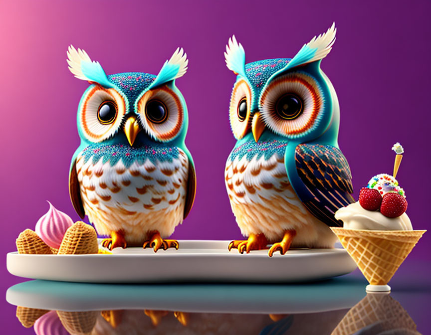 Colorful stylized owls with ice cream on plate, purple background.