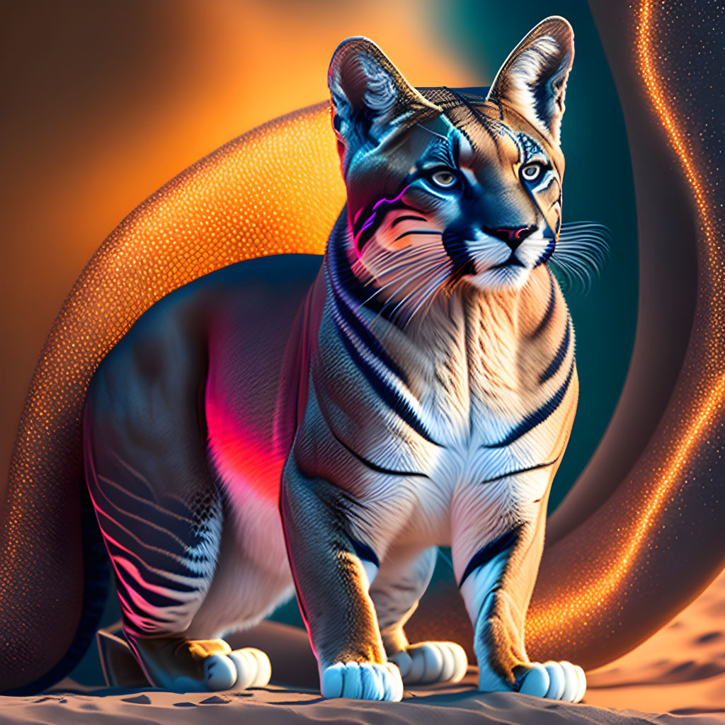 Stylized mountain lion digital art with neon lighting on abstract orange backdrop