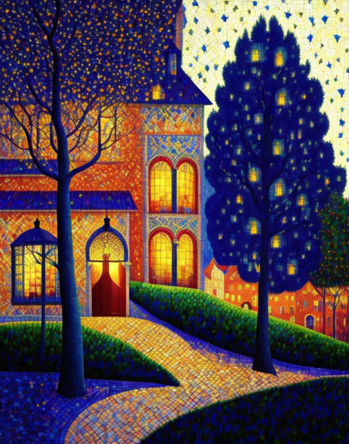 Colorful mosaic painting of nighttime scene with tree, building, and starry sky