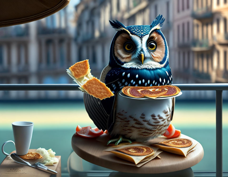 Illustrated owl with pancakes, toast, coffee, and fruit at table