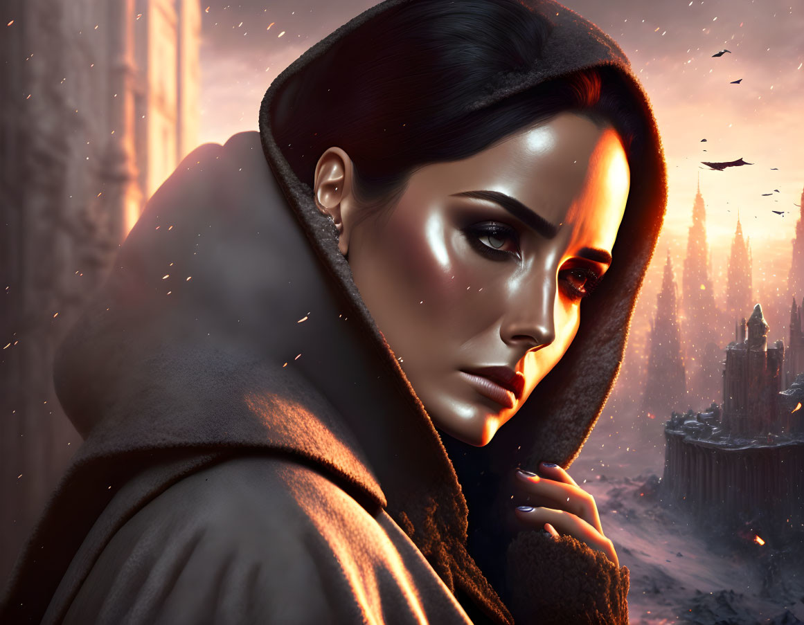 Intense woman in hooded cloak against dystopian cityscape at sunset