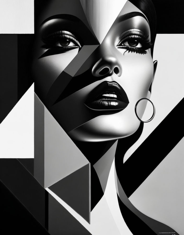 Geometric pattern monochrome portrait of woman with bold makeup