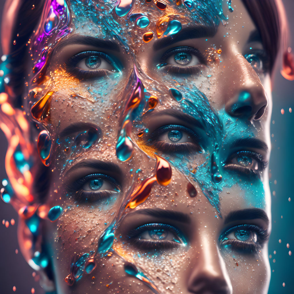 Close-up Faces with Vibrant Liquid Splashes in Blue and Orange Hues