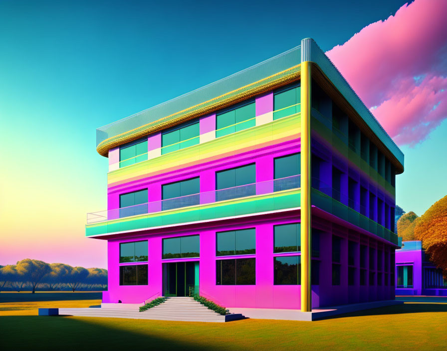 Surreal modern building in gradient pink and teal colors against sunset sky