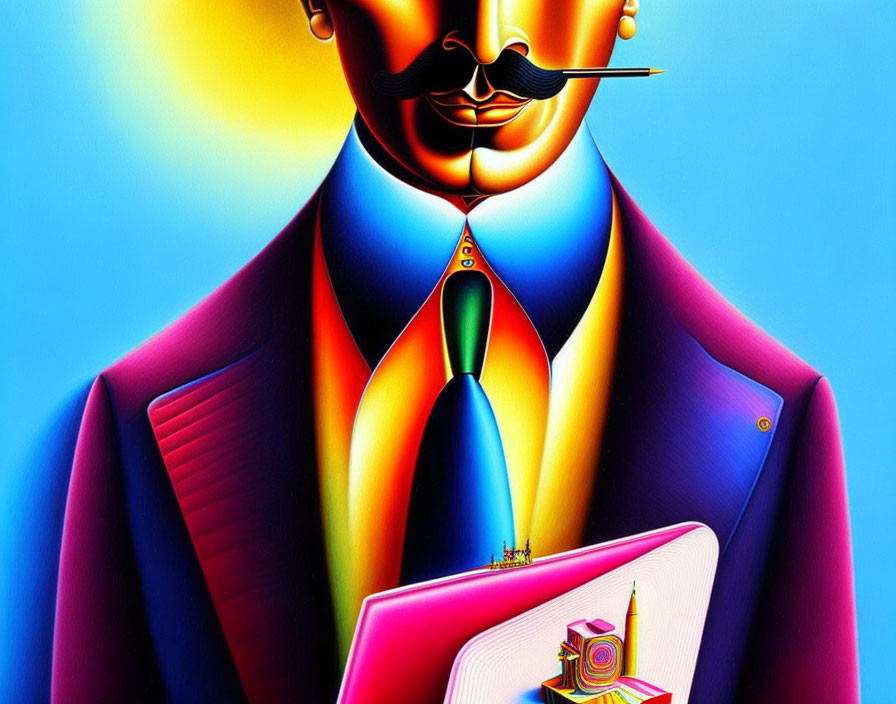 Vibrant Stylized Man in Suit Smoking Pipe