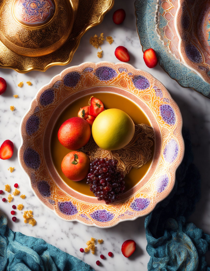 Luxurious fruit-filled bowl on marble with golden patterns