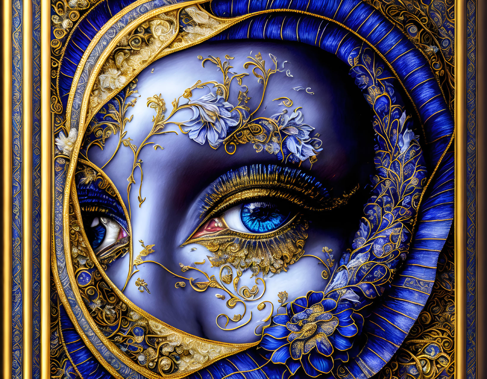 Surreal Artwork: Blue Eyes with Golden Ornate Details