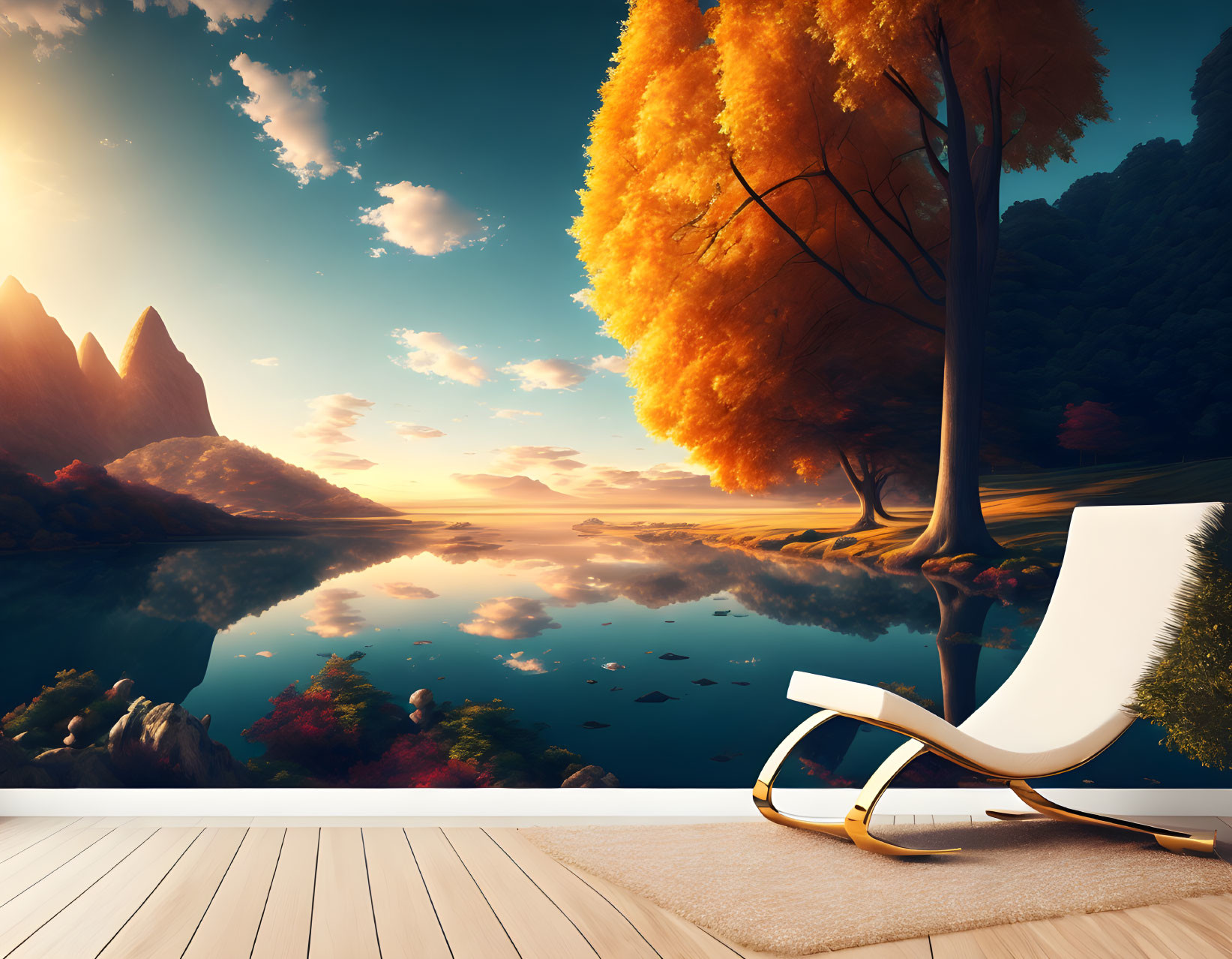 Tranquil landscape with modern chair overlooking lake and mountains